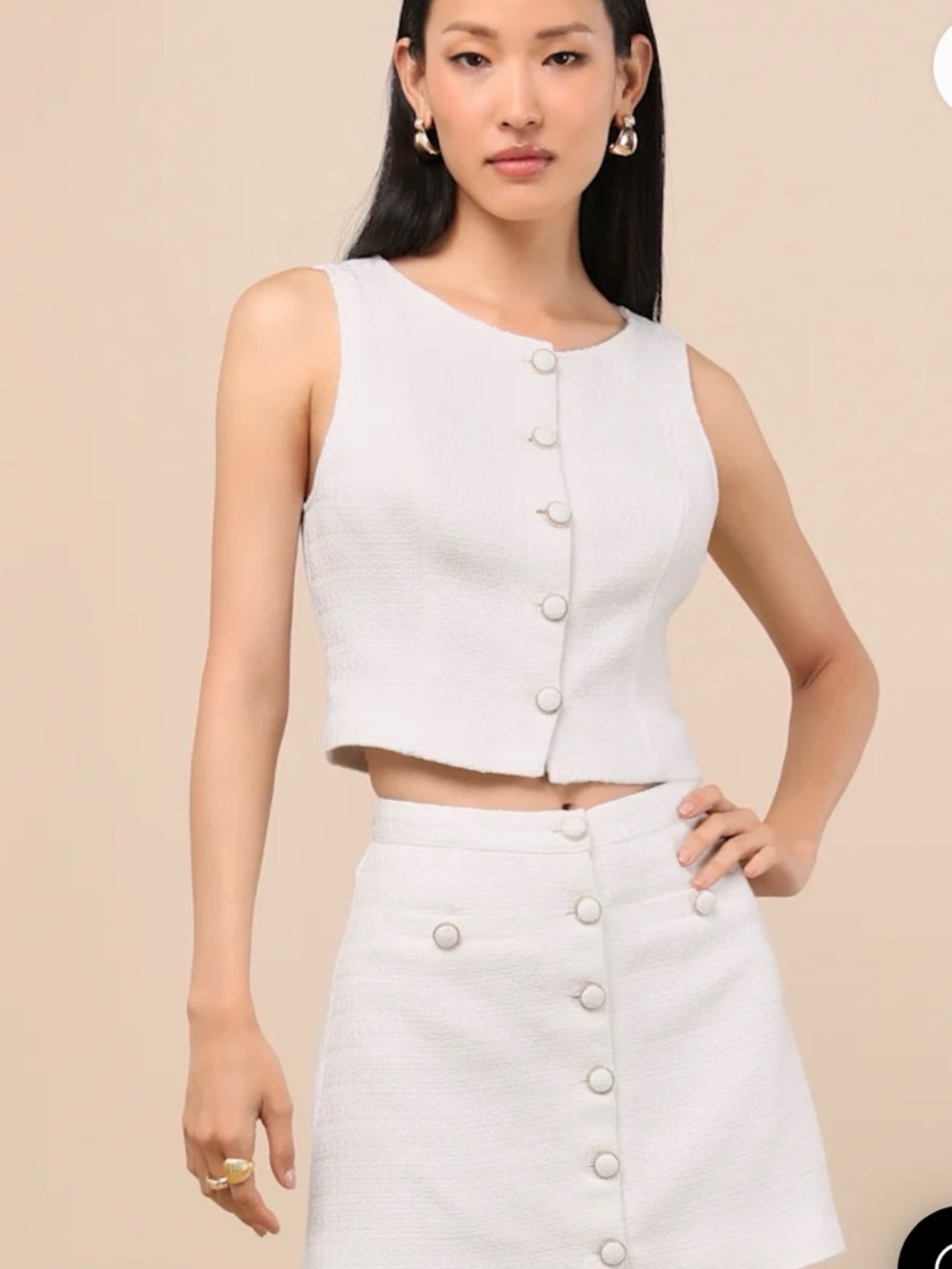 Lulu’s Monique White Tweed Button-Front Mini Skirt and Top Set